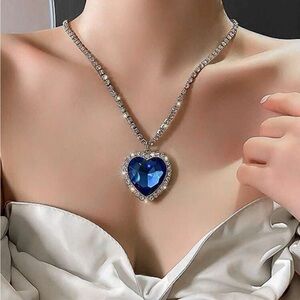 Titanic Crystal Blue Heart Necklace, Titanic Heart of the Ocean Necklace
